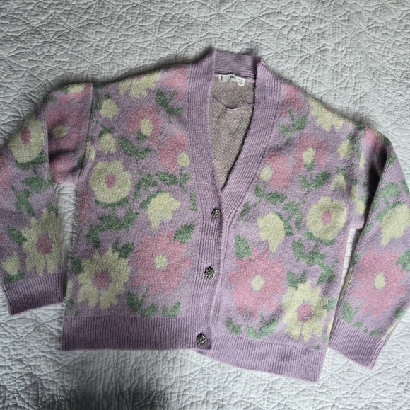 Mango Pastel Floral V-Neck Jewel Button Cardigan - Purple - Picture 3 of 13